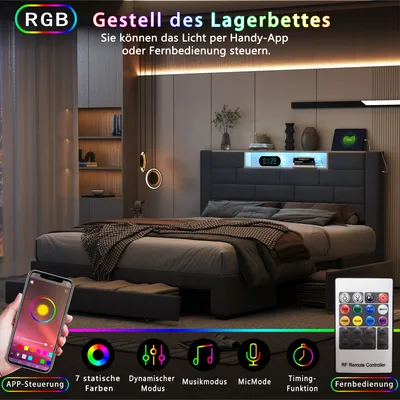 Produktbild von UnboxG Polsterbett 140x200cm mit 3 Schubladen, Stauraumbett Doppelbett mit Ladefunktion (USB&Typ-c), Jugendbett Holzbett mit LED, Funktionsbett Samt, Grau