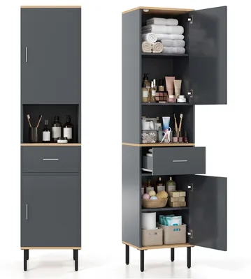 Produktbild von COSTWAY Hochschrank mit 5 Fächern und 2 Türen, Badezimmerschrank schmal, Badregal Badschrank für Badezimmer, Wohnzimmer, Küche, Grau