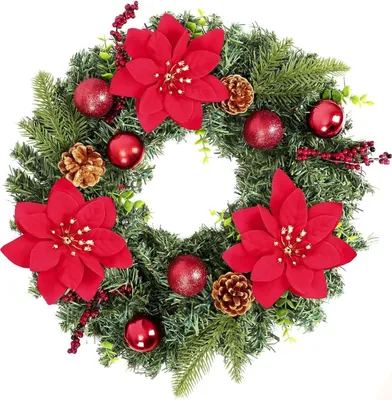 Produktbild von 40CM Künstlicher Weihnachtskranz für Tür, mit roter Poinsettia, Weihnachtsdeko Tischkranz