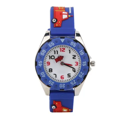A children's watch with a blue strap featuring a red fire truck design.