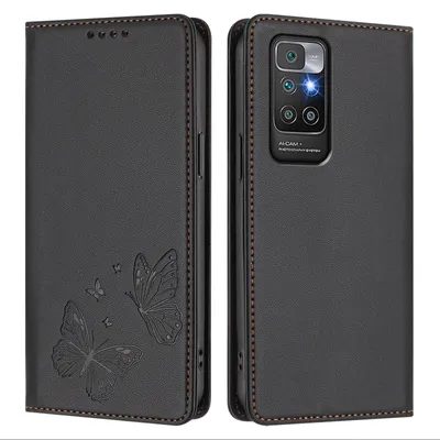 Produktbild von Lederhülle für Xiaomi Redmi 10 4G, Schmetterling Prägung Leder Brieftasche Schutzhülle mit Ständer Schwarz