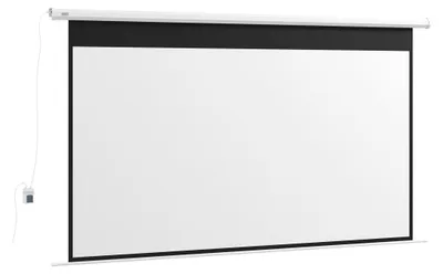 A white projection screen is shown hanging from a white housing unit.