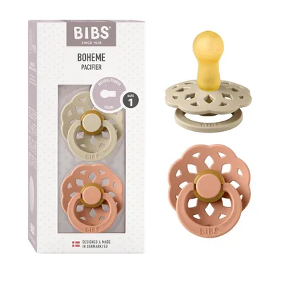 Produktbild von BIBS Boheme Schnuller 2er-Pack. BPA-frei, Kirschform Nippel. Naturkautschuk / Latex, Hergestellt in Dänemark. Größe 1 (0-6 Monate), Vanilla / Peach