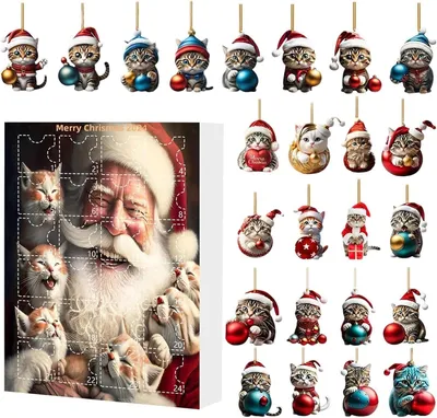 Imagen del producto de Calendario de adviento para gatos 2024, adornos con forma de gato para el árbol de Navidad - Calendario de adviento de 24 días con temática de gatos navideños