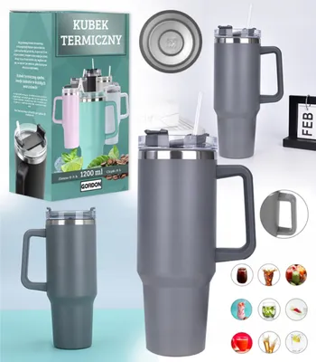 Zdjęcie produktu dla Kubek Termiczny Ze Słomką Termos Na Kawę Herbatę 1200 Ml Szary Xxl