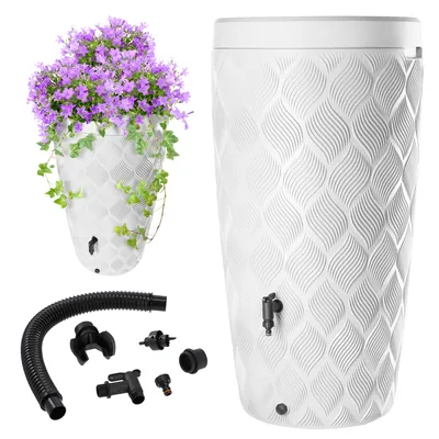 Produktbild von KADAX Regenwassertank, 240 l, Fass, Regenbehälter, Blumentopf + starker Wasserhahn
