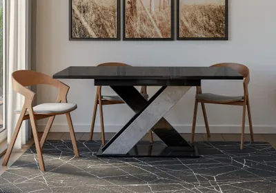 Produktbild von Esstisch XAO, Stilvoll Ausziehbar Esszimmertisch, Design Tisch, Esszimmer (Schwarz Hochglanz + Beton)