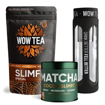 Produktbild von WOW TEA Doppeltes Kakao-Tee-Bündel – Matcha Cocoa Slimfit & Cocoa Slimfit mit Teeflasche & Sieb – 21 Tage Detox & Gewichtsregulierung