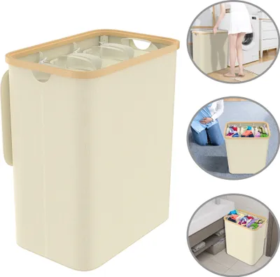 Obrázek produktu pro Koš na prádlo XMTECH se 3 přihrádkami, sběrač prádla s policí, box na prádlo, vyjímatelný vak na prádlo z tkaniny Oxford, 140 l, 68 x 37 x 57 cm, béžový