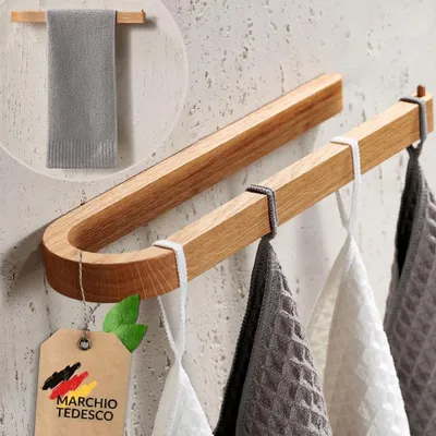 Immagine prodotto di DEKAZIA® Portasciugamani Legno Rovere – Asta Asciugamani senza Forare o Forare
