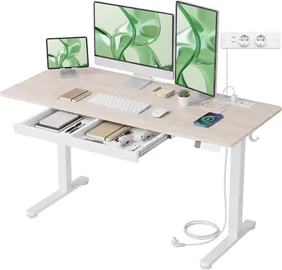 Imagen del producto de Escritorio de altura ajustable con enchufes y cajón, de 140x60 cm