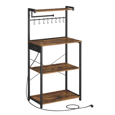 A freestanding kitchen shelf unit with multiple tiers and hooks.