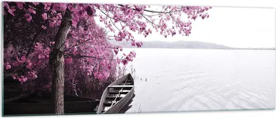 Produktbild von Bilder auf glas - Einteilig - See Rosa Bäume - 140x50cm - Glasbilder - Wandbilder - Bilder - zum Aufhängen bereit - Wanddekoration aus Glas - Glas Bilder - Wandbild auf Glas - GAB140x50-4147