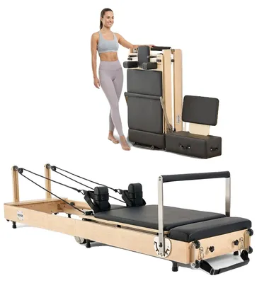 Image de VEVOR Appareil d'entraînement Pilates Reformer pliable, en bois, pour une utilisation en salle de fitness à domicile - ressorts et cordes, appareil avec boîte de siège, poids jusqu'à 181,44 kg