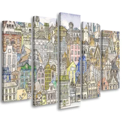 Produktbild von 5-teiliges leinwandbild fröhliche stadt 100x70 cm Feeby farbe wandbild bereit zum aufhängen