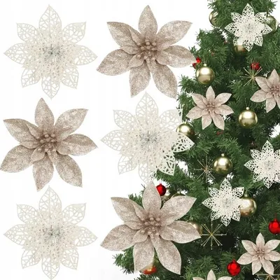 Produktbild von Weihnachtsstern Christbaumschmuck - 6er Set - Glitzer Blumen Deko - Gold-Weiß