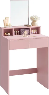 Productafbeelding van Kaptafel - Make-uptafel met grote spiegel - 2 lades en 3 open vakken - Roze - Modern