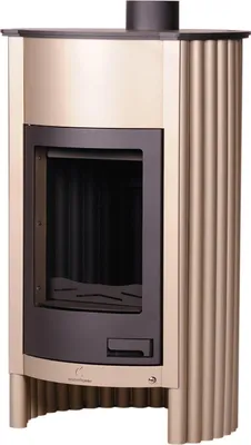 A studio shot of a beige and black wood-burning stove.