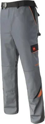 A pair of gray work pants with black and orange accents, shown against a white background.