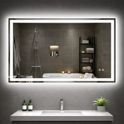 Produktbild von GIMBELEN LED-Badspiegel, 100 x 60 cm, 3 Lichtfarben, dimmbar, Touch-Schalter, IP44, Silber
