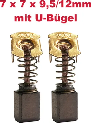 Two carbon brushes with springs and metal holders, set against a white background.