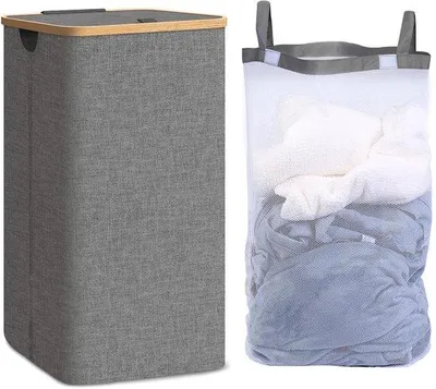 Produktbild von Schlanke 100L Wäschebox mit Deckel, grau, bambus