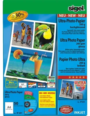 Produktbild von SIGEL IP641 Inkjet Fotopapier Ultra, hochglänzend, 260 g/m², A4, 50 Blatt