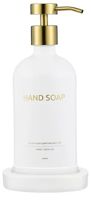 Obrázek produktu pro Sada dávkovačů mýdla s keramickou nádobou, objem 500 ml, sklo, bílá barva, vhodné do koupelny a kuchyně, možnost doplňování