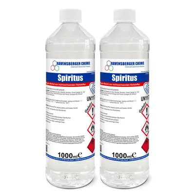 Produktbild von Ravensberger Chemie Spiritus Alkohol - vielseitiger Ethanol-Reiniger für Haushalt, Auto & Werkstatt, ideal als Brennspiritus & Frostschutz - 2x 1 L
