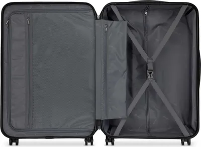 The interior of an open black suitcase is shown against a white background.