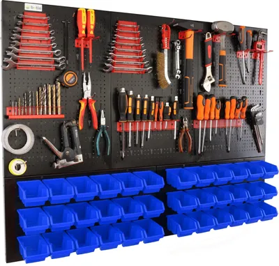 Obrázek produktu pro botle® nástrojová stěna, děrovaná stěna z kovu, stohovatelné boxy + nástěnná police + držák na nářadí, 63dílná sada, úložný prostor pro drobné díly,  nástěnná dílna s 36 stohovatelnými modrými boxy, závěsná police, třídicí police