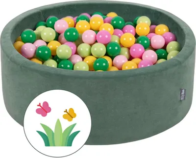 Zdjęcie produktu dla KiddyMoon Suchy basen okrągły VELVET z piłeczkami 7cm zieleń lasu: jasny zielony-zielony-żółty-pudrowy róż-róż 90x30cm/200piłek Zabawka basen piankowy