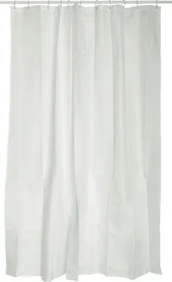 A white shower curtain hanging from a rod.