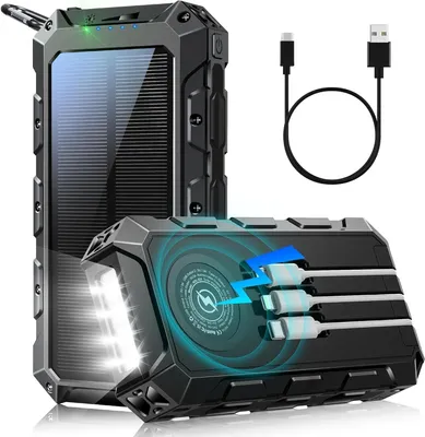 Produktbild von Solar Powerbank, 30000mAh Kabellose Powerbank, Tragbares Schnellladegerät, 15W Solar Ladegerät, mit 3 Kabel, 7 Ausgänge, mit Taschenlampe/LED Anzeige