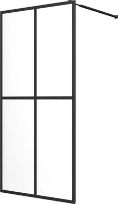 A black-framed glass shower wall, likely for a walk-in shower, is shown against a white background.