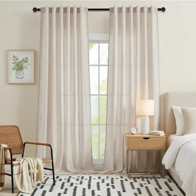 Produktbild von Gardinen Leinenoptik mit Schlaufen Voile Vorhänge Fenster Gardine Beige Boho Natur Vorhang Halbtransparent für Küche Schlafzimmer 127x214 cm (B x H)