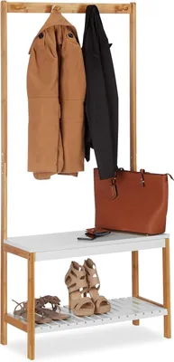 Produktbild von Relaxdays Garderobenständer mit Schuhregal, 4 Kleiderhaken, mit Ablage, Bambus & MDF, HBT 150 x 70,5 x 30 cm, natur-weiß