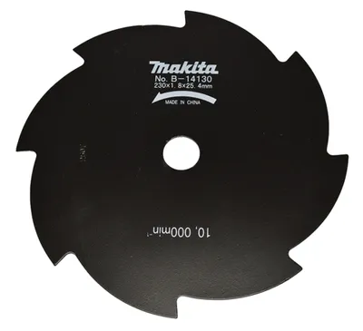 A black circular saw blade with teeth, featuring brand and product information.