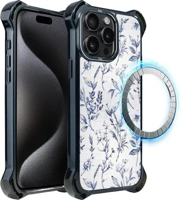 Produktbild von Schutzhülle für das iPhone 15 Pro Max, MagSafe-kompatibel, verstärkte Ecken, schwarz, Tintenblumen