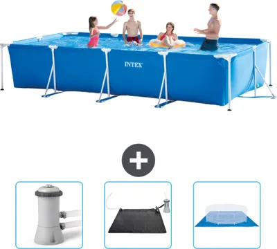 Obrázok produktu pre Bazén Intex s obdĺžnikovým rámom - 450 x 220 x 84 cm - Modrý - Súčasťou dodávky je filtračné čerpadlo pre bazén - Solárna podložka - Podlahová plachta
