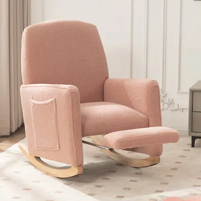 Produktbild von Schaukelstuhl Wohnzimmer mit Hocker – Relaxsessel mit Liegefunktion & hoher Rückenlehne – Rosa Teddy-Stoff Sessel für Innenbereich, Lesesessel