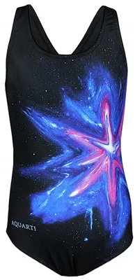 Produktbild von Aquarti Mädchen Badeanzug Chlorresistent Schwimmanzug Muscleback Wassersport Swimsuit, Farbe: Bunter Fleck Rosa Blau / Schwarz, Größe: 128