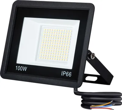 A black LED floodlight with a white light panel and a black cable with colored wires.