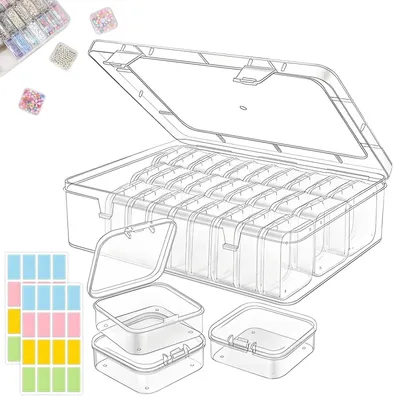 Produktbild von 30 kleine Perlenorganisatoren und Aufbewahrungsschalen, 5,5 x 5,5 x 2 cm Sortierboxen für Kleinteile, transparente Perlenaufbewahrungsschalen und 1 große Aufbewahrungsbox.
