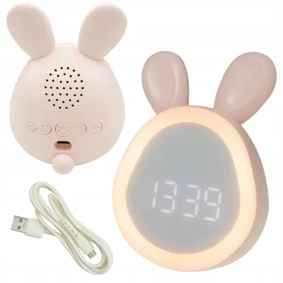 Zdjęcie produktu dla Lampka nocna LED Zajączek różowy z budzikiem i zegarem LED do pokoju dziecka Mary's MW20532