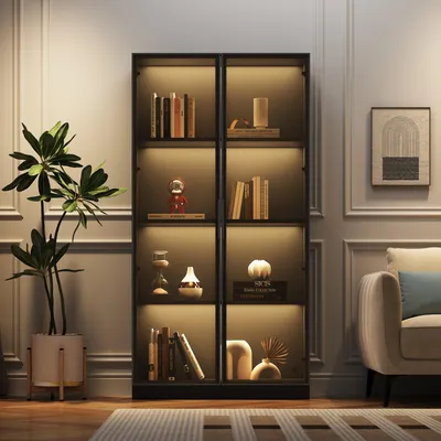 Image de Vitrine en verre, éclairage LED, double porte, étagères réglables, dimensions 80x40x160, meuble haut, vitrine sur pied, meuble de salle de bain