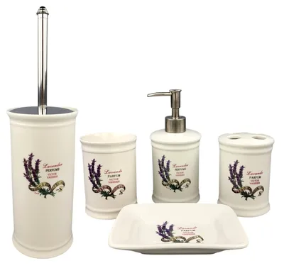 Produktbild von Landhaus Vintage Keramik Badset (Lavendel) Badezimmerset: (5er Set) Seifenspender, Zahnputzbecher, Kosmetikeimer, WC Bürste, Seifenschale, Mülleimer