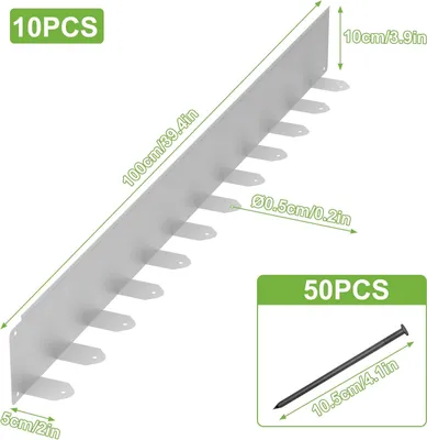Obrázok produktu pre JOIEYOU 10 kusov Obruba záhonu Obruba záhonu 100x10 cm Kovová obruba záhonu Obruba na kosenie Pozinkovaná s 50 kotvami do zeme Flexibilná obruba záhonu Obruba záhonu Strieborná