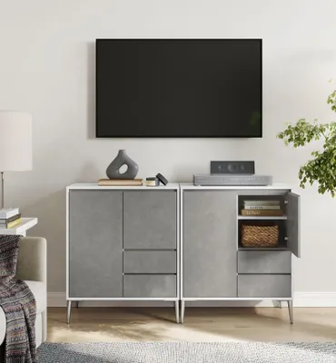 Produktbild von Aufbewahrungsschrank mit Türen und 2 Schubladen, weiß-grau, platzsparend 40 x 70 x 85 cm