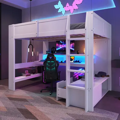 Produktbild von Sweiko Hochbett,140x200cm , Gaming Bett mit Schreibtisch, Mit LED-Leuchten, Schreibtisch,Schublade, Regale, ohne Matratze, Weiß